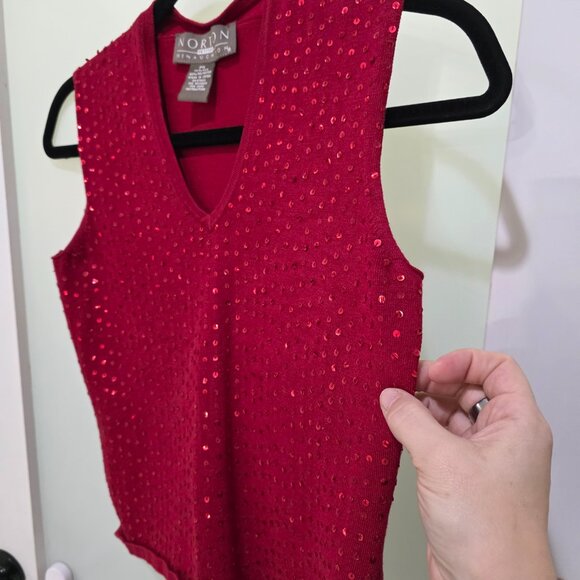 Norton Petites Red Sequin Sweater Tank PS Sparkle Knit Sleeveless Top - Picture 6 of 7